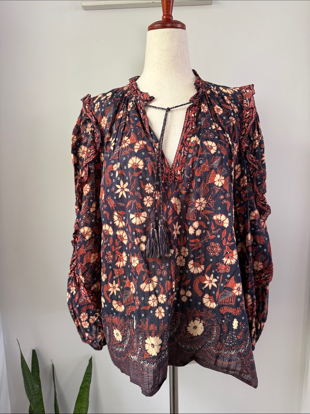 Ulla Johnson Navy Floral Tie-Neck Peasant Blouse Romantic Feminine Ruffle Top
